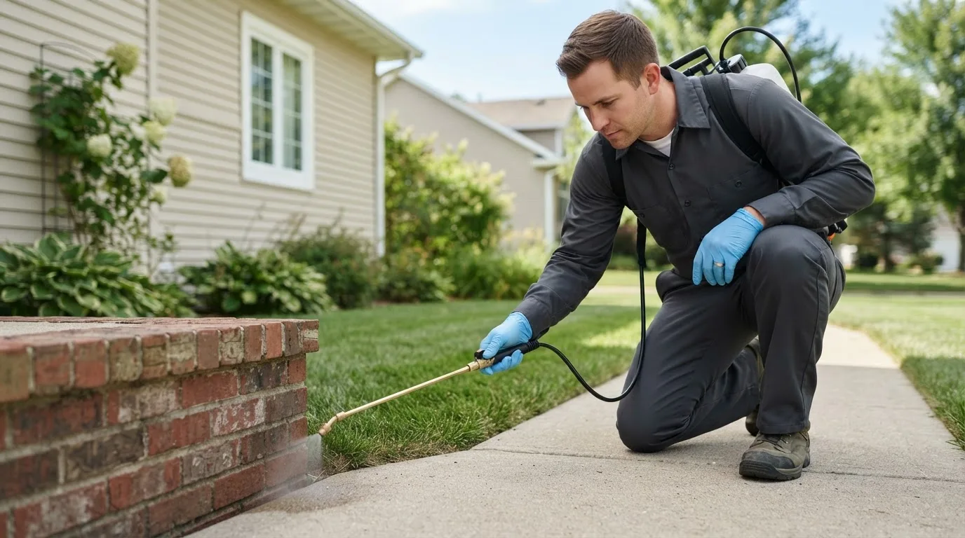 Pest control technician treating a home near Scottown, OH